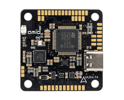 Amid's Mechintel Vajra F4 flight controller, PCB electronic circuit board with various components on a white background